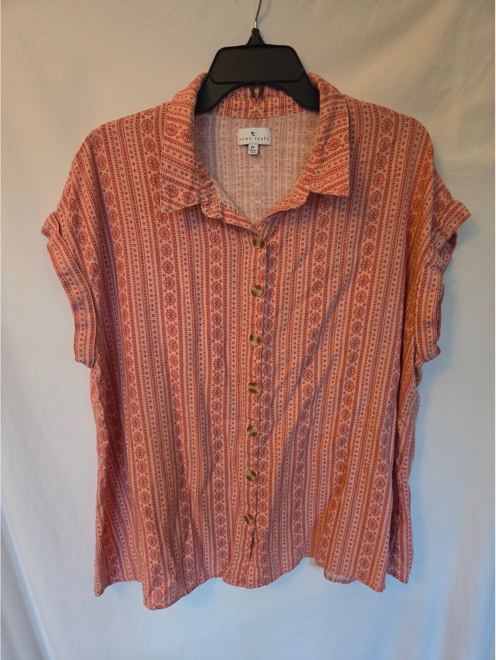 True Craft Women's 2X Pink Rust Boho Print Linen Blend Button Down Shirt